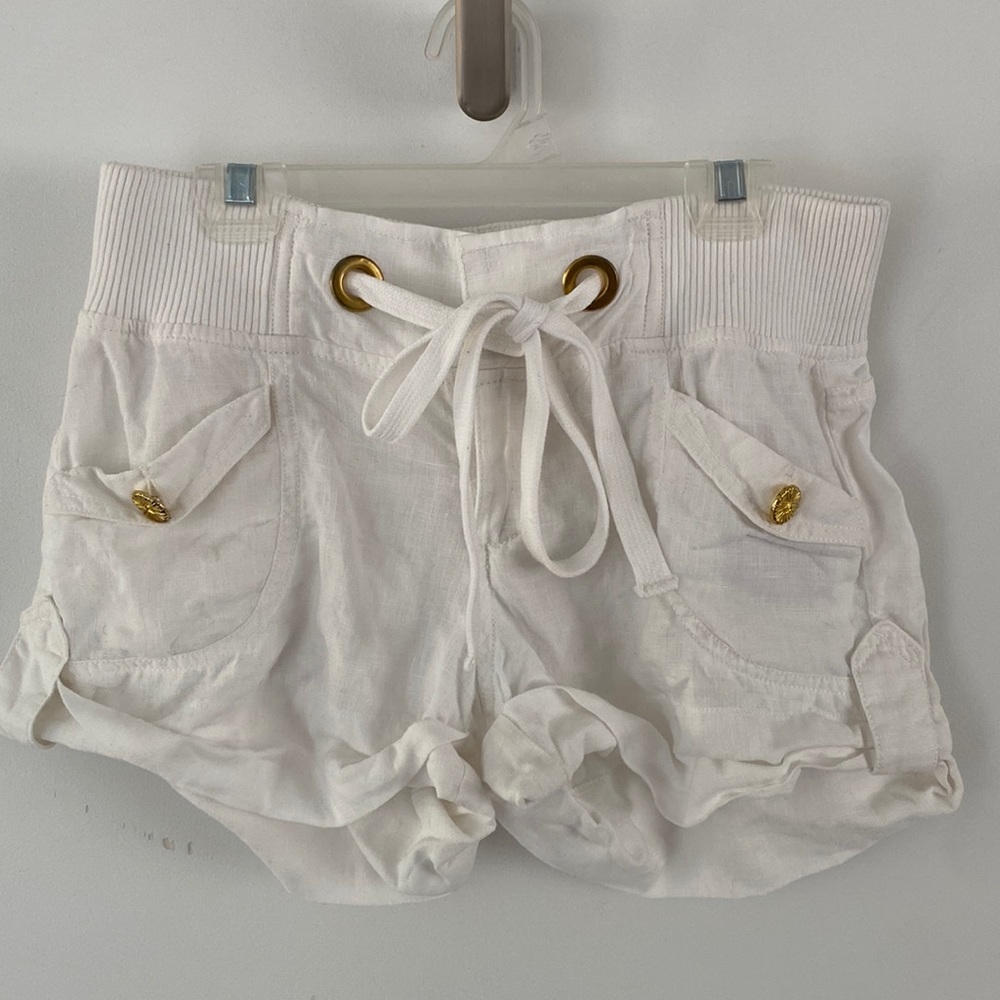 XOXO JEANS white linen cuffed shorts Y2K bold gold hardware ribbed waist 7/8